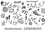 Collection fun doodle shapes drawn with charcoal or chalk. Charcoal pen liner doodle elements, crown, emphasis arrow, speech bubble, scribble. Vector comic doodle style isolated on white background