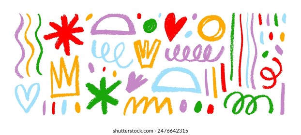 Collection fun doodle shapes drawn with colorful charcoal or chalk. Hand draw childish style shapes, lines, dots, crowns and squiggles. Childish girly style doodle elements isolated on white.