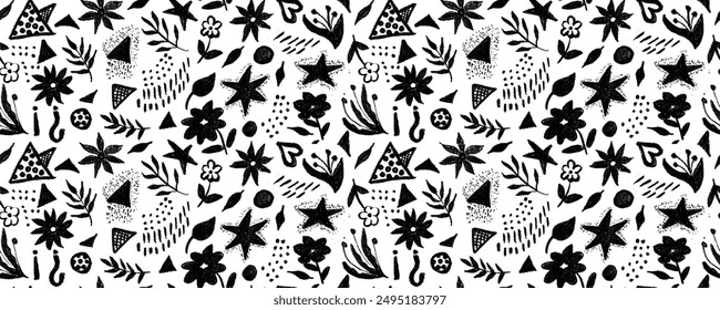 Collection fun doodle shapes drawn with charcoal or chalk. Hand drawn childish style figures: flower, leaves, triangle, dots, squiggles and stars. 