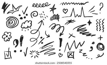 Collection fun doodle shapes drawn with charcoal or chalk. Charcoal pen liner doodle elements, crown, emphasis arrow, speech bubble, scribble. Vector comic doodle style isolated on white background