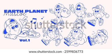 Collection of Fun Earth Planet Mascot Characters with Sneakers, Cap, Headphones, and Playful Poses