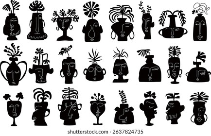 collection of fun face decor planters in black and white, isolated vector illustration graphic set