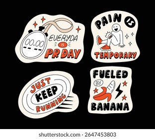 A collection of fun, motivational running-themed stickers with hand-drawn style, dynamic typography, and energetic characters, ideal for active lifestyle visuals.