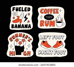A collection of fun, motivational running-themed stickers with hand-drawn style, dynamic typography, and energetic characters, ideal for active lifestyle visuals.