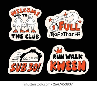 A collection of fun, motivational running-themed stickers with hand-drawn style, dynamic typography, and energetic characters, ideal for active lifestyle visuals.