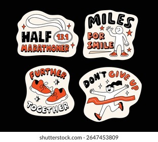 A collection of fun, motivational running-themed stickers with hand-drawn style, dynamic typography, and energetic characters, ideal for active lifestyle visuals.