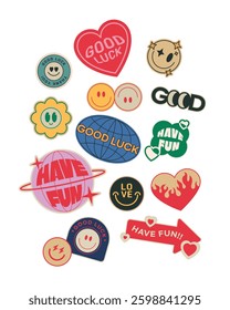 Collection of fun and positive stickers Retro Groovy Smiley stickers Text