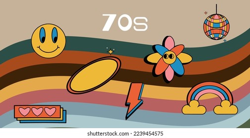 Collection of fun retro clipart elements. Cartoon comic style of the 60s, 70s, 80s. Happy hippie vintage patch, pin, stamp, sticker template. Abstract, trendy, funky, nostalgic aesthetic background