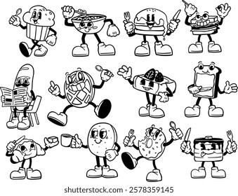 A collection of fun retro mascot illustrations featuring various breakfast and brunch foods such as muffins, coffee, pancakes, and sandwiches. These cheerful characters are ideal for branding cafes