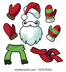 A Collection Of Fun Santa Hat, Mustache, Beard, Scarves And Mittens. EPS 10 Vector