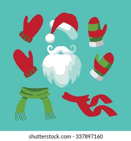 A collection of fun santa hat, mustache, beard, scarves and mittens. Flat design. EPS 10 vector