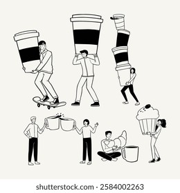 A collection of fun and trendy illustrations featuring young men and women with oversized coffee cups, breakfast pastries, and takeaway beverages, creating a stylish and playful cafe-inspired theme.