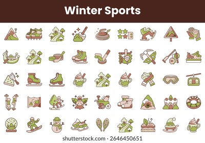 A collection of fun winter sports icons featuring activities like skiing, ice skating, and snowboarding, all illustrated in a playful, minimalist style.