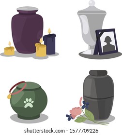 Collection funeral service icons with urns of cremation ceremony. Funeral columbarium urn with candles, flowers and photo frame. Mortuary urn for pets with a picture of a paw. Vector illustration