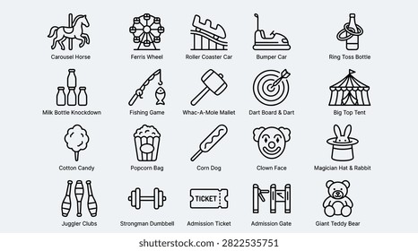 Collection of funfair and carnival icons. Includes carousel horse, Ferris wheel, roller coaster, bumper car, ring toss bottle, milk bottle knockdown, fishing game, and mallet. Perfect for event promotion.