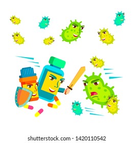 Collection Of Fungus Microbe And Pills Set Vector. Antibacterial Drugs With Shield And Sword Fighting With Fungus Bacteria Infection. Healthcare And Protection Flat Cartoon Illustration