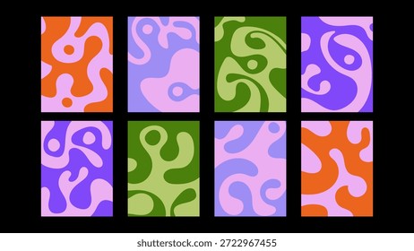 Colección de fondos funky con patrones coloridos audaces. Texturas de Vector groovy, Formas decorativas abstractas y un ambiente hippie retro juguetón.