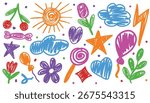 Collection of funky crayon drawn kid drawing doodle set. Colorful childish elements like clouds, star, flowers, naive lines, primitive figure, bows, rainbows, sun child icon. Girly forms with pencil