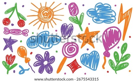 Collection of funky crayon drawn kid drawing doodle set. Colorful childish elements like clouds, star, flowers, naive lines, primitive figure, bows, rainbows, sun child icon. Girly forms with pencil