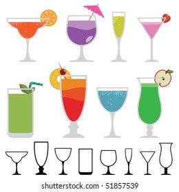 collection of funky glasses with colorful cocktail drinks isolated on white svg