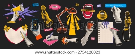 Collection of funky trendy halftone collage elements in retro pop art style. Set includes megaphone, microphone, smartphone, coffee cup, desk lamp, speech bubbles, paper notes, hands.