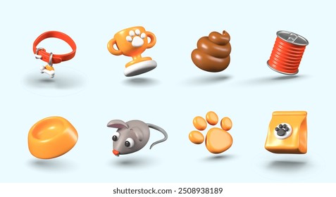 Colección de divertidos Elementos 3D para el negocio de mascotas. Objetos vectoriales detallados