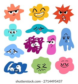 Collection of funny abstract cartoon characters with different emotions. Cute colorful stickers with happy, angry and sad facial expressions. Hand drawn trendy doodle face icons. Vector illustration.