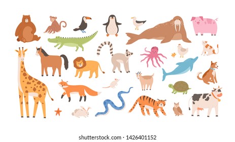 Collection of funny adorable wild exotic and domestic animals - cute mammals, reptiles, birds isolated on white background. Set of childish design elements. Vector illustration in flat cartoon style. - Shutterstock ID 1426401152