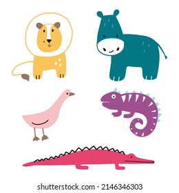 Collection of funny animal in cartoon style. Vector illustrtion lion, hippopotamus, goose, chameleon, pink crocodile for card, poster, cover, invitation, sticker