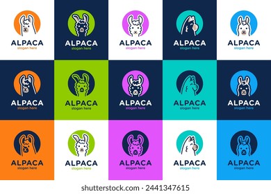 collection of funny animal, head alpaca , cartoon , logo design template.