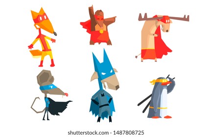 Collection of Funny Animals Characters Dressed as Superheroes with Capes And Masks, Courageous Cute Animals in Different Action Poses Vector Illustration