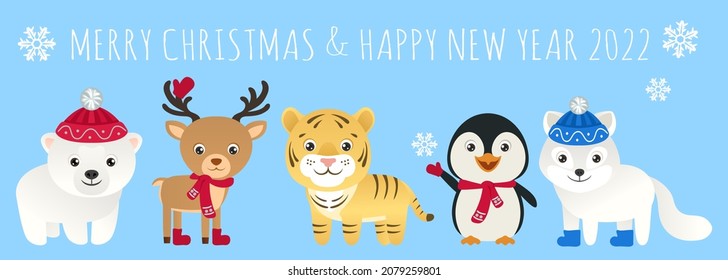 Collection of funny animals. Christmas greeting card with cute tiger, deer, arctic fox, polar bear and penguin. Children's cartoon characters congratulate on the holiday. Vector flat illustration.