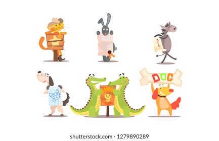 Collection of funny animals in different situations, amusing animals holding signs vector Illustration