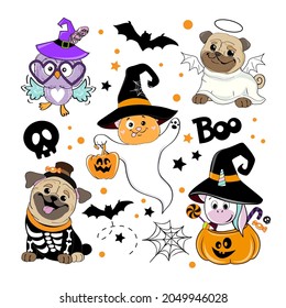 Collection of funny animals in Halloween costumes. Vector illustration. Pug dog, owl, unicorn, bat and cat on white background isolated