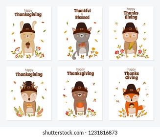 Collection of funny animals holding delicious gift. Happy Thanksgiving, greeting card, poster or flyer for holiday.  Doodle illustration. Autumn holiday, baby shower, birthday, children's party
