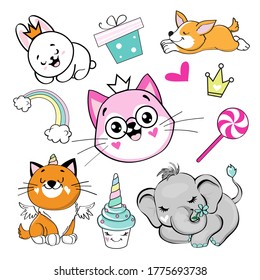 Collection of funny animals isolated on a white background. Cat, rabbit, elephant
