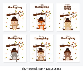Collection of funny animals on a swing. Happy Thanksgiving, greeting card, poster or flyer for holiday. Doodle illustration. Autumn holiday, baby shower, birthday, children's party
