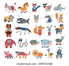 Collection of funny animals with patterns in cartoon style. Illustrations for children.