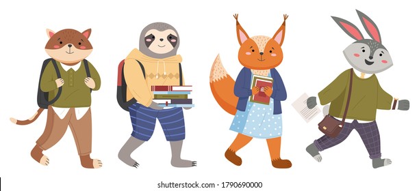 Collection of funny animals students. Cartoon pupils schoolkids in uniform go to school for lesson. Characters of forest inhabitants get an education, studying with books, holding school bags isolated