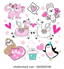 Collection of funny animals for Valentine's Day. Sloth, llama, penguin and cat on a white background