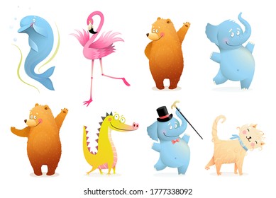 Collection of funny baby animals for kids projects. Adorable colorful Isolated clipart animals Bear, Elephant, Flamingo, Dolphin, Crocodile or Dinosaur and Cat or Kitten. Vector isolated clipart.