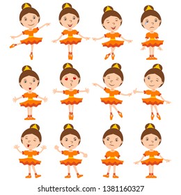 Collection of funny ballerina in cartoon style in different poses and emotions isolated on white background