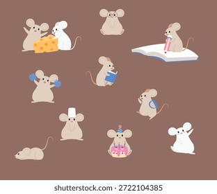 Colección de ratón beige divertido con acción, sentado, con gafas de ojo, libro de lectura, sostener el lápiz y escribir en el cuaderno, porrista con pompones, con sombrero de chef, celebración de cumpleaños con pastel y sombrero, ir a la escuela con mochilas, grupo de ratones encontró deliciosa ilustración de queso