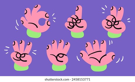Collection of funny blob hands showing numbers from zero to five. Vector illustration in bold colors.