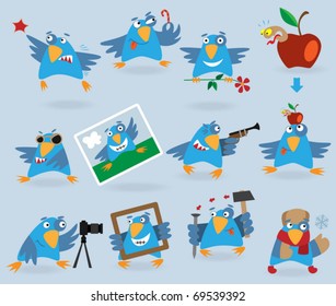Collection of funny blue birds, vector illustration for web design