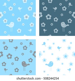 A collection of funny blue cute cartoon seamless patterns with birds and flowers