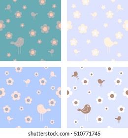 A collection of funny blue cute cartoon seamless patterns with birds and flowers