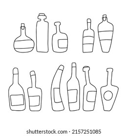 Collection of funny bottles. Hand drawn doodle style elements. Different shapes bottles. Vector