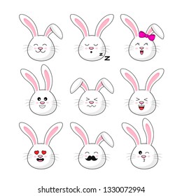 Collection of funny bunnies. Set of cute rabbits. Bundle of heads of cartoon animals. Vector illustration isolated on white background. 