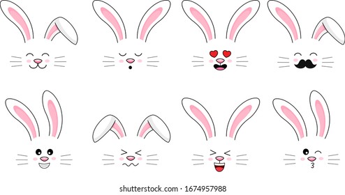 Collection of funny bunnies. Set of cute rabbits. Bundle of heads of cartoon animals. Vector illustration isolated on white background. 